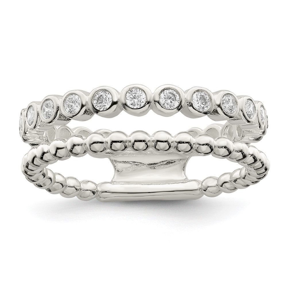 Sterling Silver Polished CZ Beaded Double Fancy Ring - 6