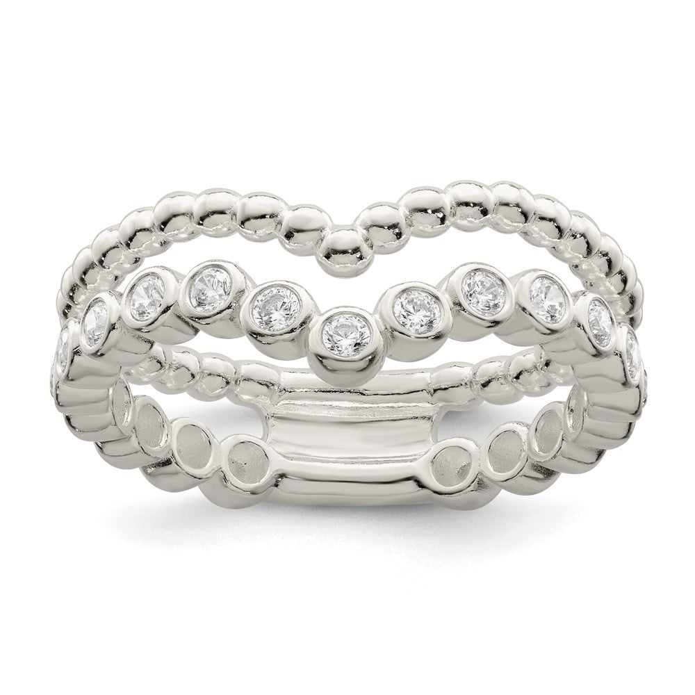 Sterling Silver Polished CZ Beaded Double Fancy Ring - 4