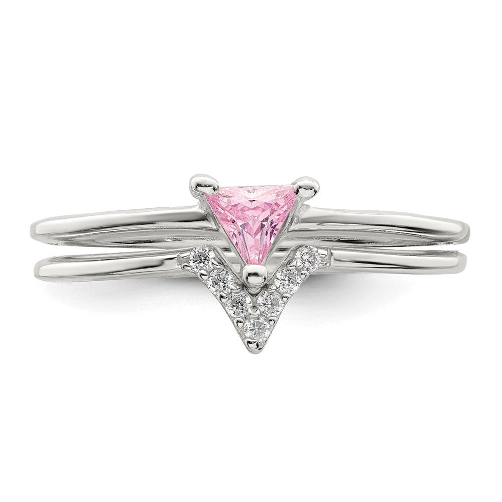 Sterling Silver Pink Trillion CZ and White CZ Ring Set - 3