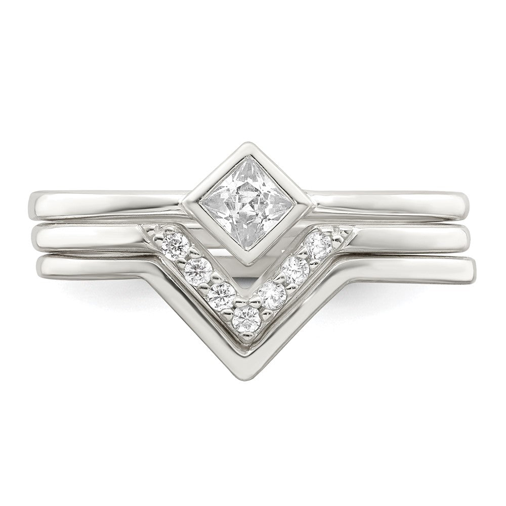 Sterling Silver Polished Square CZ 3 Ring Set - 3