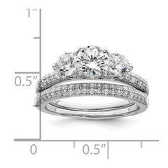Sterling Silver Rhodium-plated CZ 3 Stone Pave Band Engagement Ring Set - 2