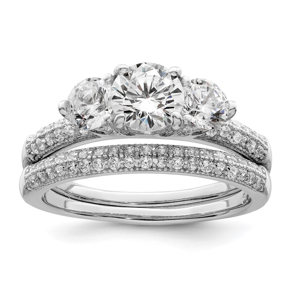 Sterling Silver Rhodium-plated CZ 3 Stone Pave Band Engagement Ring Set - 2