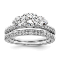 Sterling Silver Rhodium-plated CZ 3 Stone Pave Band Engagement Ring Set - 2