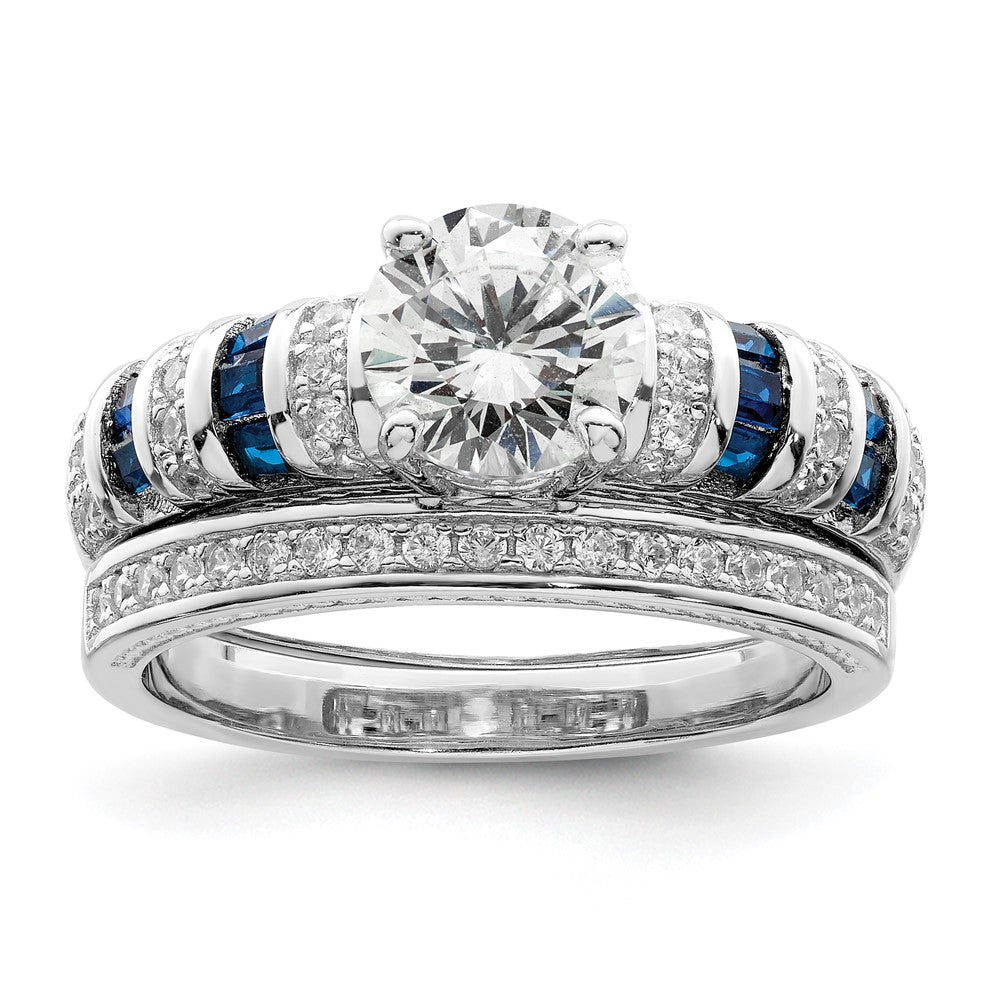 Sterling Silver Rhodium-plated Polished Blue & White CZ Engagement & Band R - 2