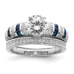 Sterling Silver Rhodium-plated Polished Blue & White CZ Engagement & Band R - 2
