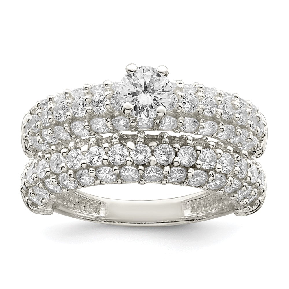 Sterling Silver Polished Pave CZ Wedding Ring Set - 3
