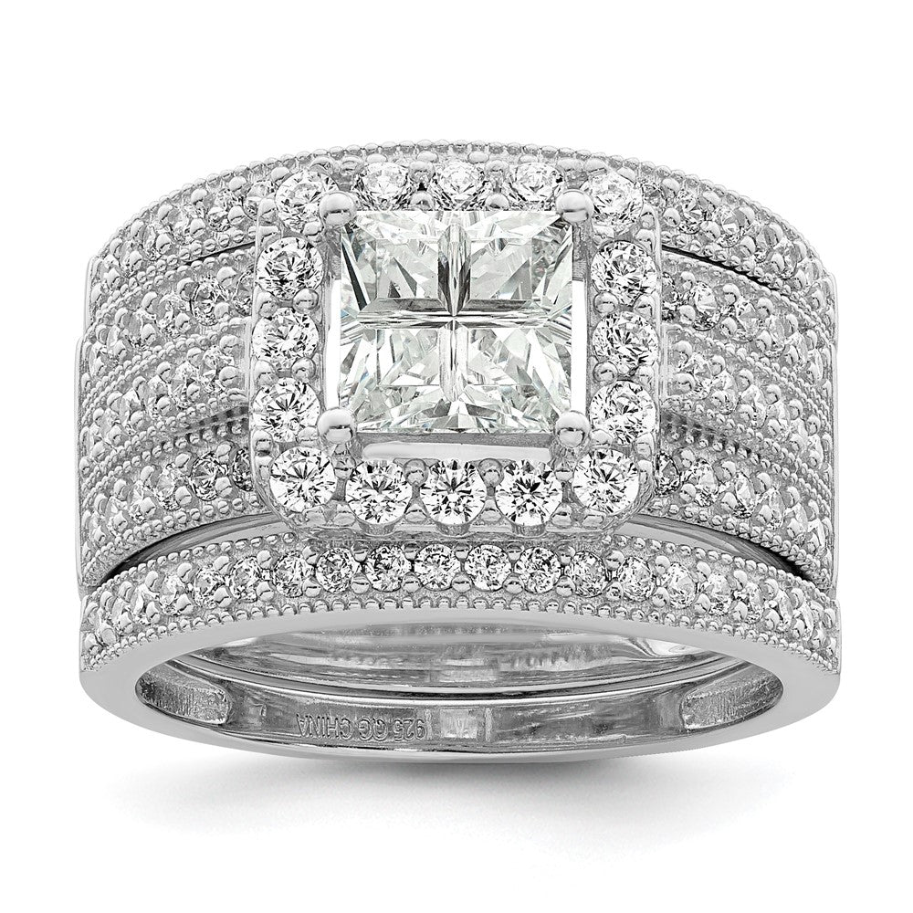 Sterling Silver Rhodium plated CZ 3 piece Bridal Ring Set - 3