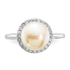 Sterling Silver Rhodium-plated 9-10mm Button White Freshwater Cultured Pearl and CZ Ring - 2