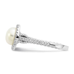 Sterling Silver Rhodium-plated 7-8mm Button White Freshwater Cultured Pearl and CZ Ring - 2
