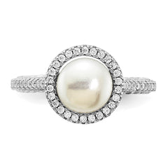 Sterling Silver Rhodium-plated 7-8mm Button White Freshwater Cultured Pearl and CZ Ring - 2