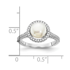 Sterling Silver Rhodium-plated 7-8mm Button White Freshwater Cultured Pearl and CZ Ring - 2