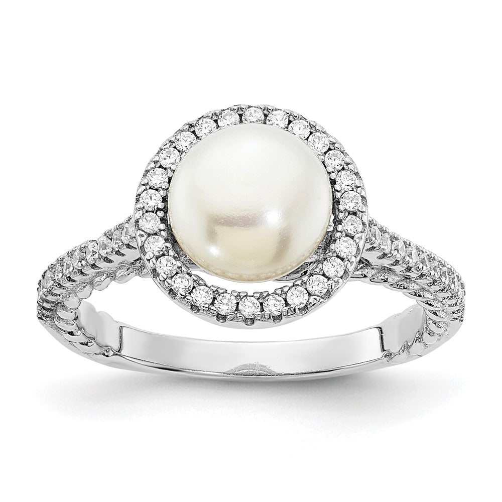 Sterling Silver Rhodium-plated 7-8mm Button White Freshwater Cultured Pearl and CZ Ring - 2
