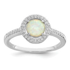Sterling Silver Rhodium-plated Polished White Created Opal CZ Halo Ring - 3