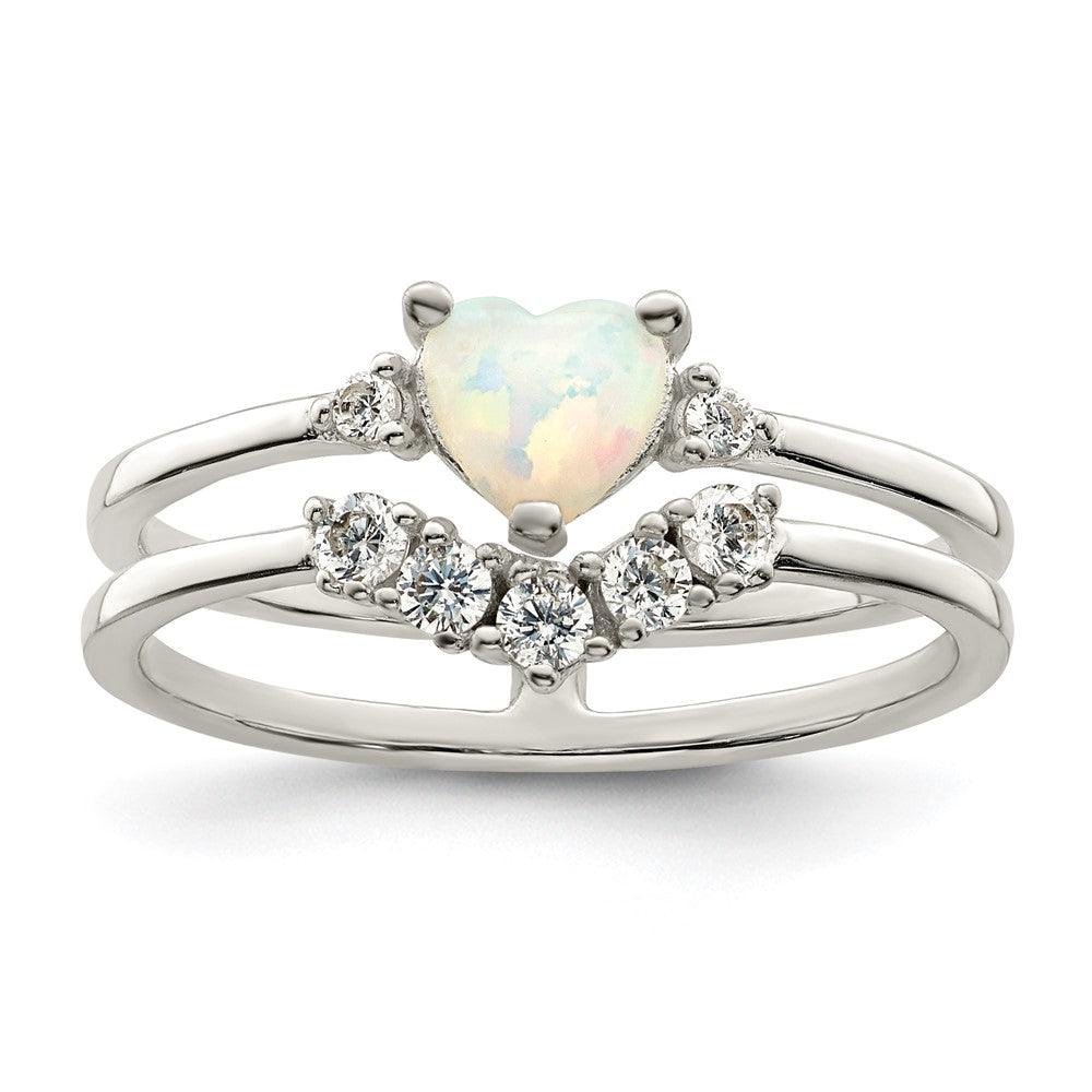 Sterling Silver CZ & Heart Created White Opal Double Band Ring - 2