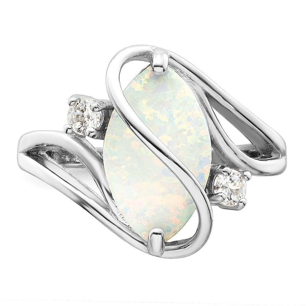 Sterling Silver Rhodium-plated White Created Opal & CZ Twist Ring - 2