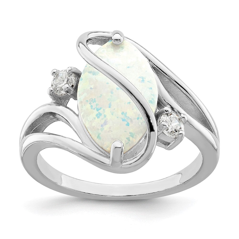 Sterling Silver Rhodium-plated White Created Opal & CZ Twist Ring - 3