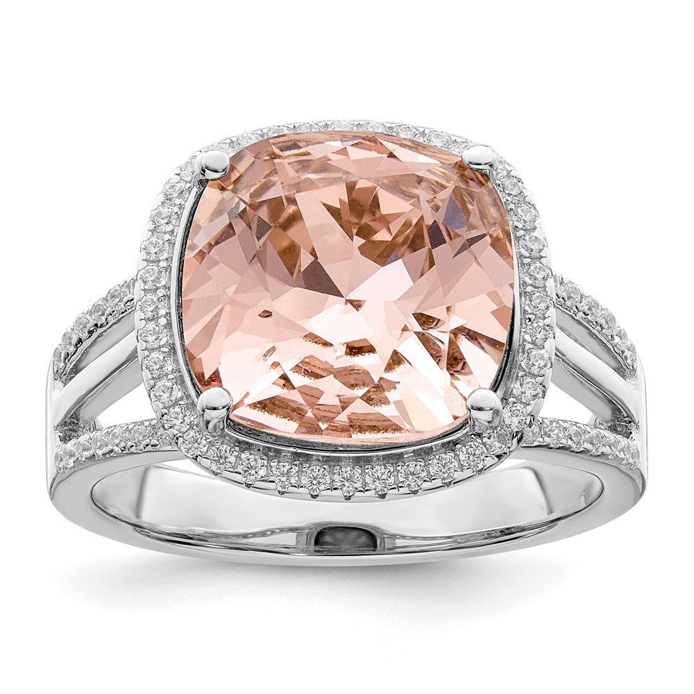 Sterling Silver Rhodium-plated Polished CZ & Peach Crystal Ring - 3
