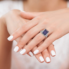 Sterling Silver Rhodium-plated Polished CZ & Blue Crystal Ring - 3
