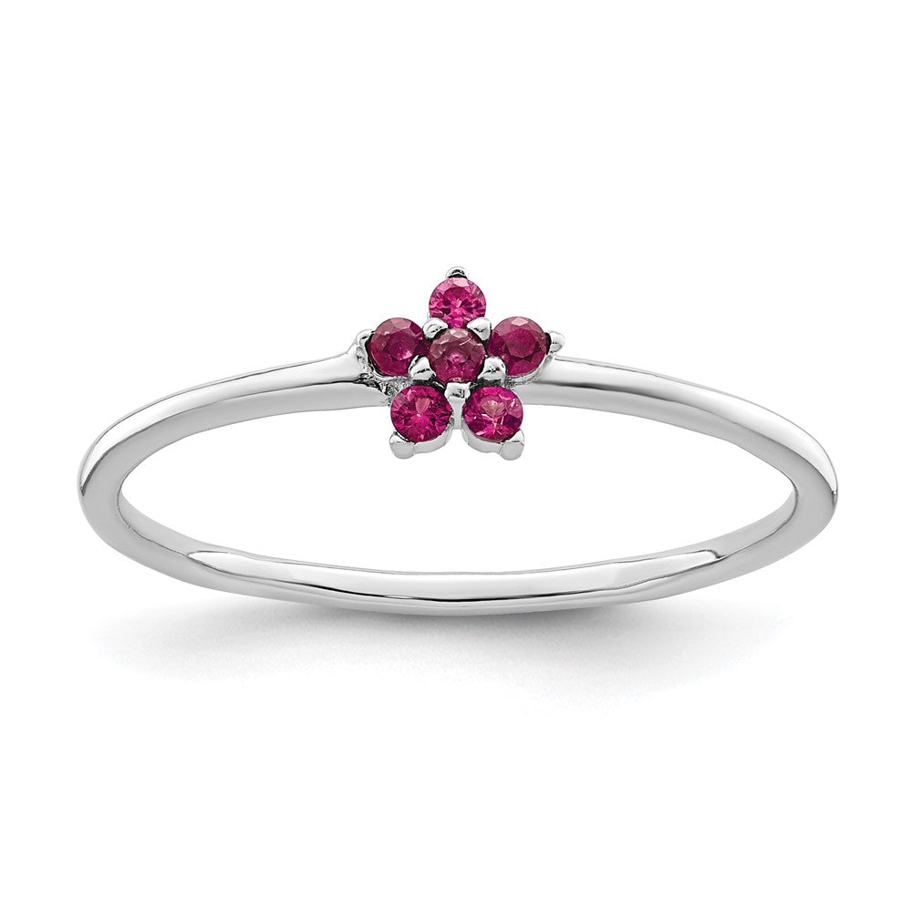 Sterling Silver Rhodium-plated Polished Red CZ Flower Ring - 3