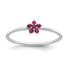 Sterling Silver Rhodium-plated Polished Red CZ Flower Ring - 3