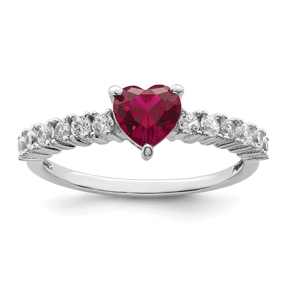 Sterling Silver Polished Rhodium-plated Created Ruby and CZ Heart Ring - 3