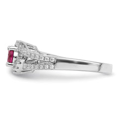 Sterling Silver Rhodium plated Created Red Corundum & White CZ Ring