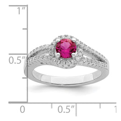 Sterling Silver Rhodium plated Created Red Corundum & White CZ Ring
