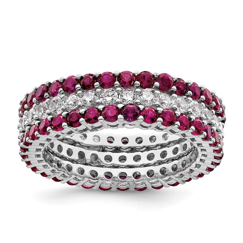 Sterling Silver Rhodium-plated Polished Pink & White CZ 3 Ring Set - 3