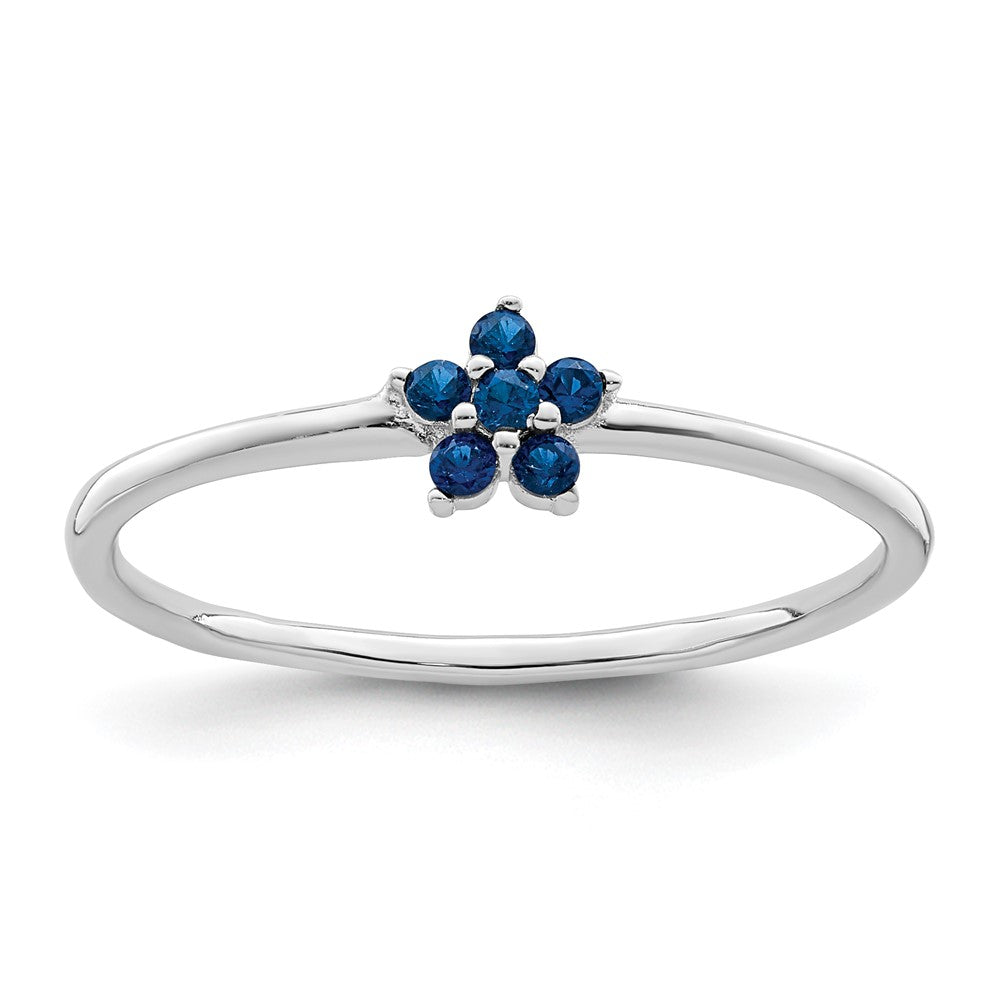 Sterling Silver Rhodium-plated Polished Blue CZ Flower Ring - 3