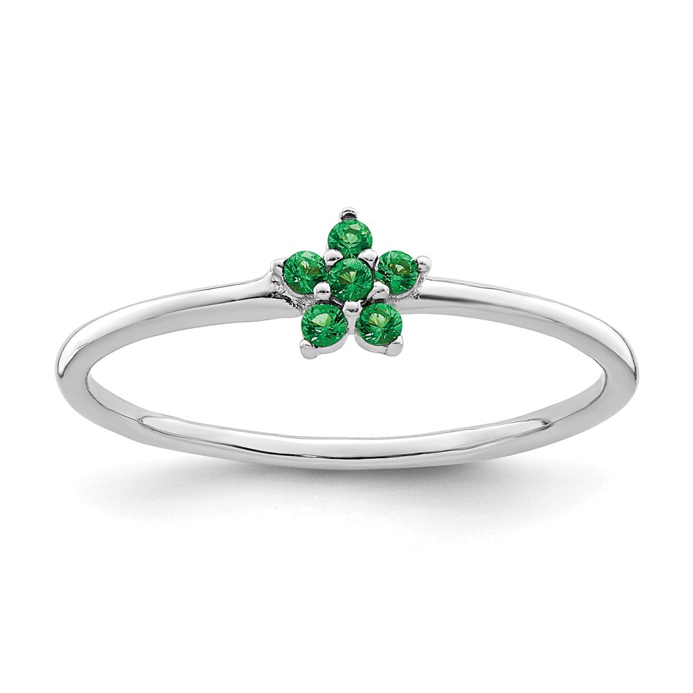 Sterling Silver Rhodium-plated Polished Green CZ Flower Ring - 3