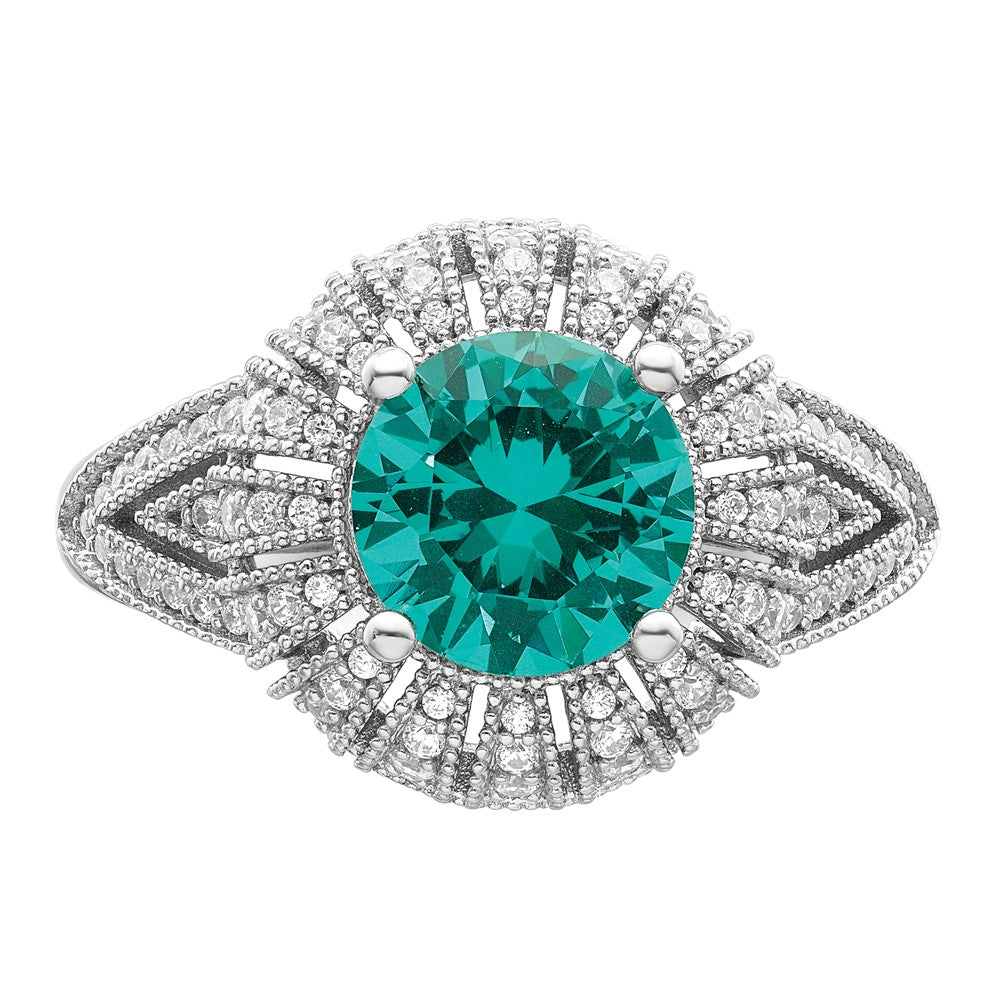 Sterling Silver Rhodium-plated Clear and Teal CZ Vintage Style Ring - 3