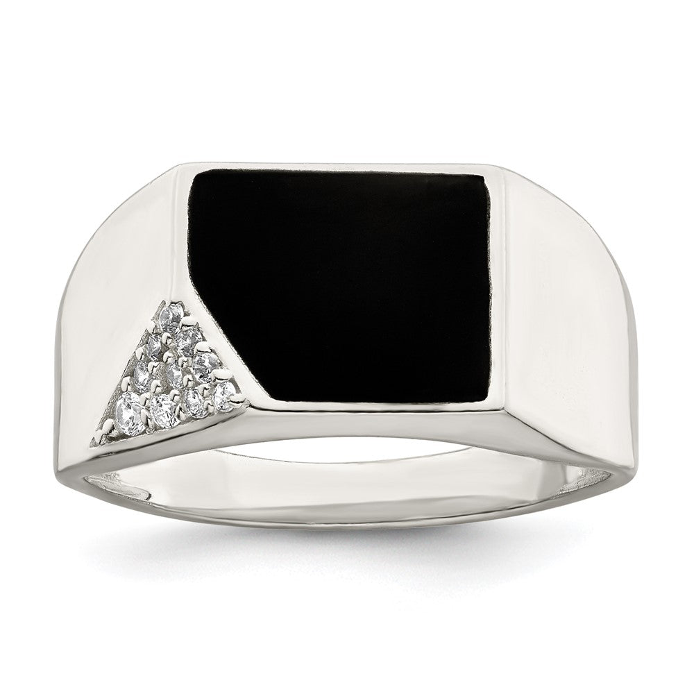 Sterling Silver Black Enameled and CZ Mens Ring - 2