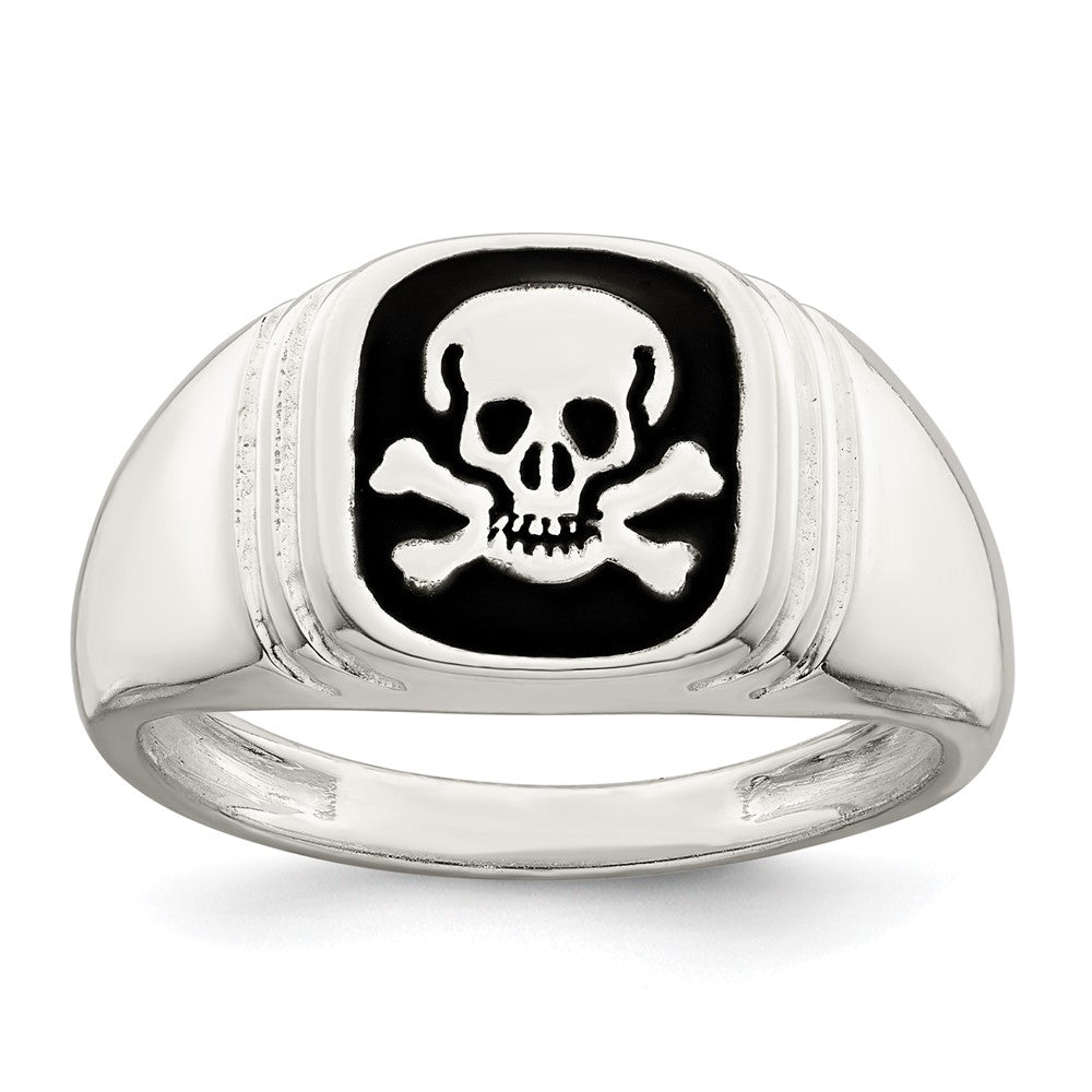 Sterling Silver Black Enameled Mens Skull and Crossbones Ring - 3