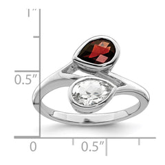 Sterling Silver Rhodium-plated Polished Garnet & White Topaz ByPass Ring - 3