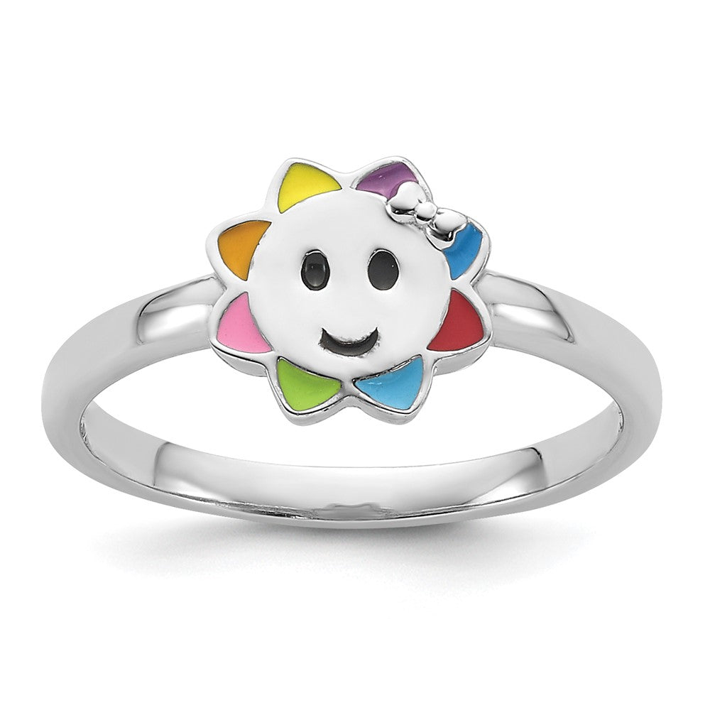Sterling Silver RH-plated Multi-color Enameled Smiling Sun Children's Ring - 2