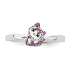 Sterling Silver Rhodium-plated Multi-color Enameled Cat Children's Ring - 2