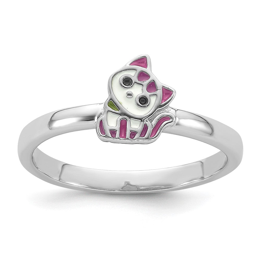 Sterling Silver Rhodium-plated Multi-color Enameled Cat Children's Ring - 2