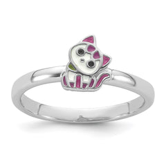 Sterling Silver Rhodium-plated Multi-color Enameled Cat Children's Ring - 2