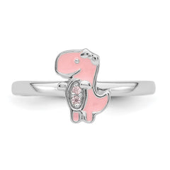 Sterling Silver Rhodium-plated Pink Enamel & CZ Dinosaur Children's Ring - 2