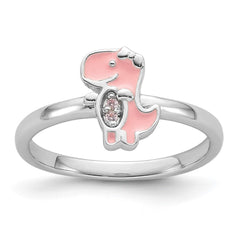 Sterling Silver Rhodium-plated Pink Enamel & CZ Dinosaur Children's Ring - 2