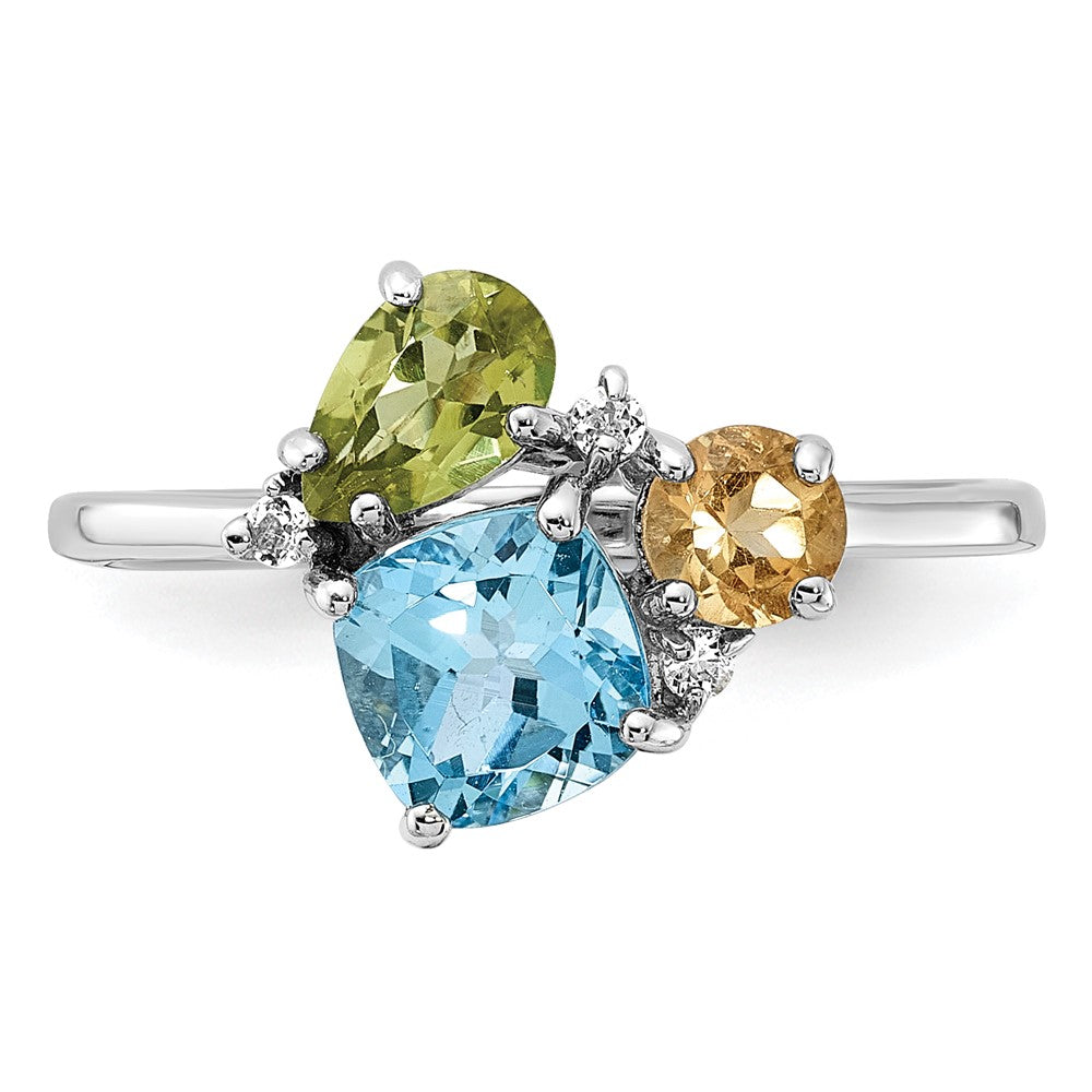SS Rh Lt.Swiss Blue Topaz/ White Topaz and Peridot and Citrine Ring - 3