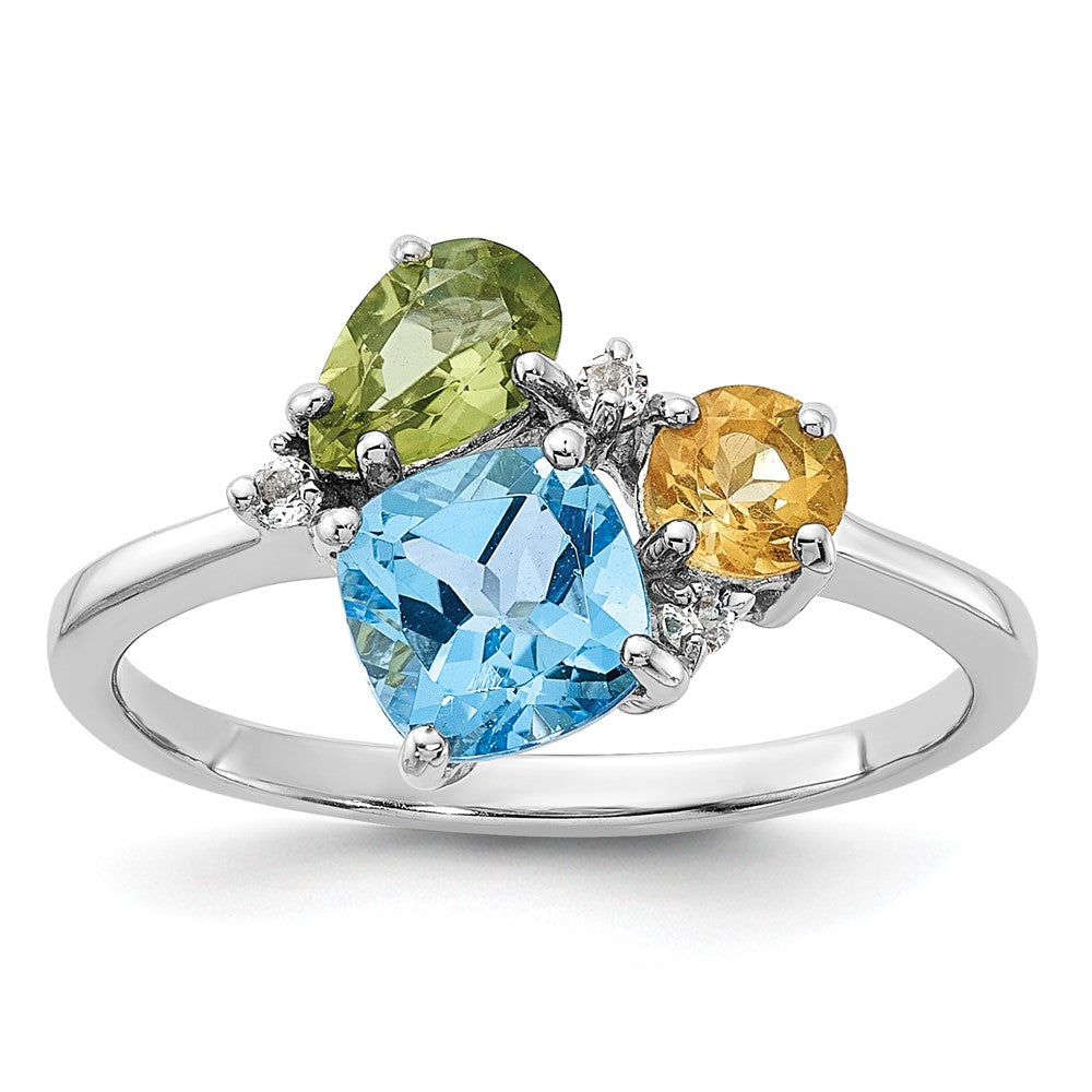 SS Rh Lt.Swiss Blue Topaz/ White Topaz and Peridot and Citrine Ring - 3
