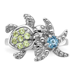 Sterling Silver Rhodium-plated Peridot and Light Swiss Blue Topaz Turtle and Starfish Ring - 2