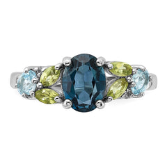 SS Rhodium London Lt.Swiss Blue/White Topaz and Peridot Ring - 3