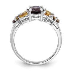 SS Rh Smoky and Whiskey Quartz Citrine White Topaz Ring
