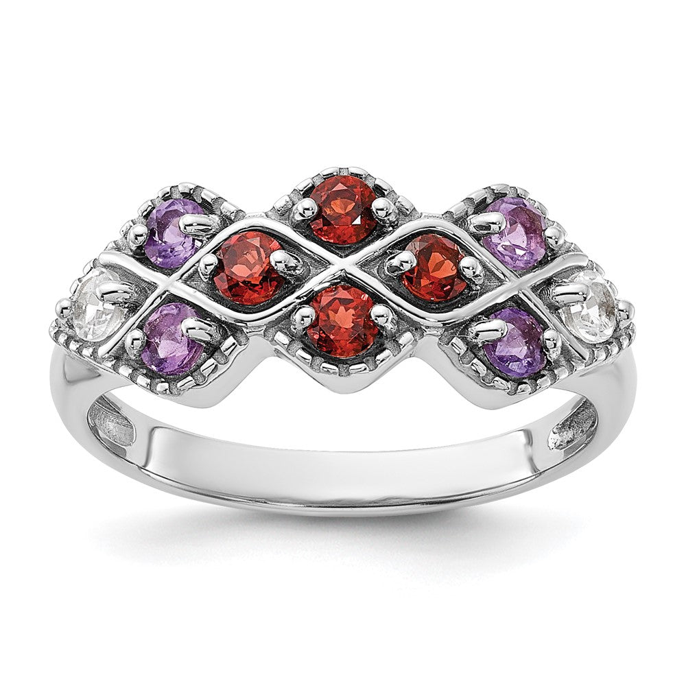 Sterling Silver Rhodium-plated Garnet Amethyst and White Topaz Ring - 3