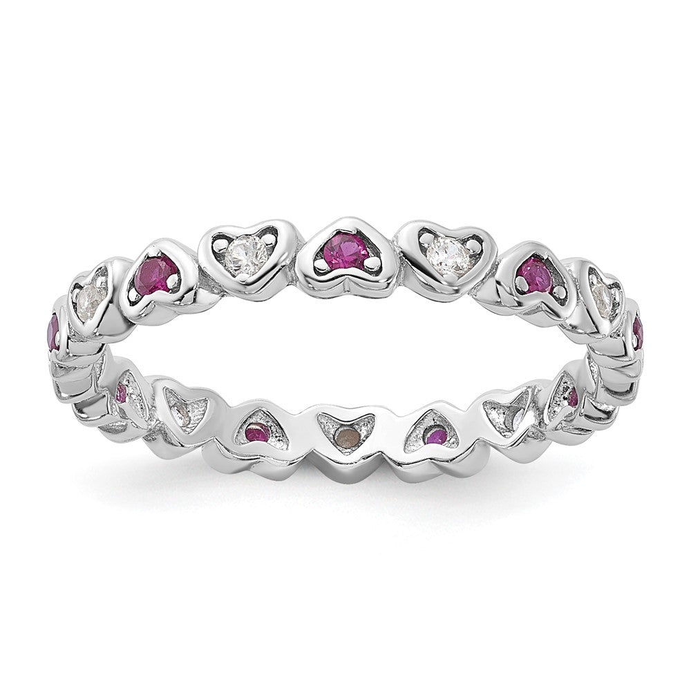 SS Rhodium-plated .14Lab Cr. Ruby and .27Cr. Wh Sapphire Heart Ring - 3