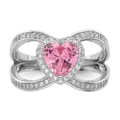 Sterling Silver Rhodium-plated Clear and Pink CZ Heart Ring - 3