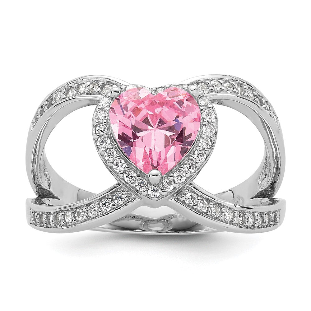 Sterling Silver Rhodium-plated Clear and Pink CZ Heart Ring - 3