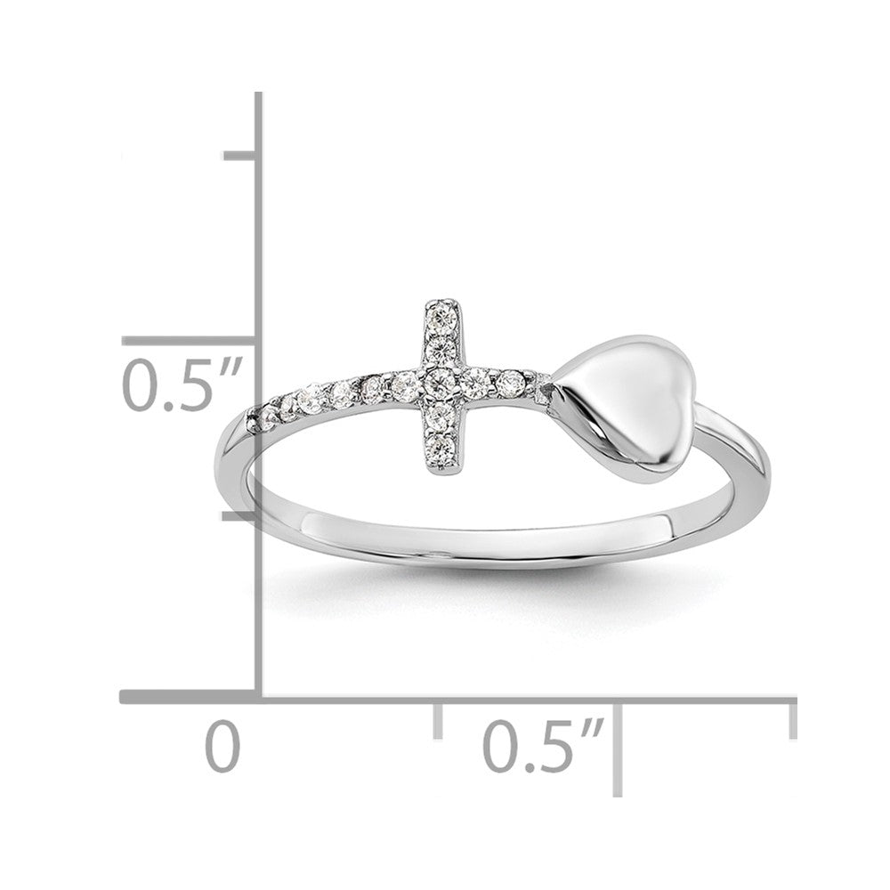Sterling Silver Rhodium-plated Heart and CZ Cross Ring - 3